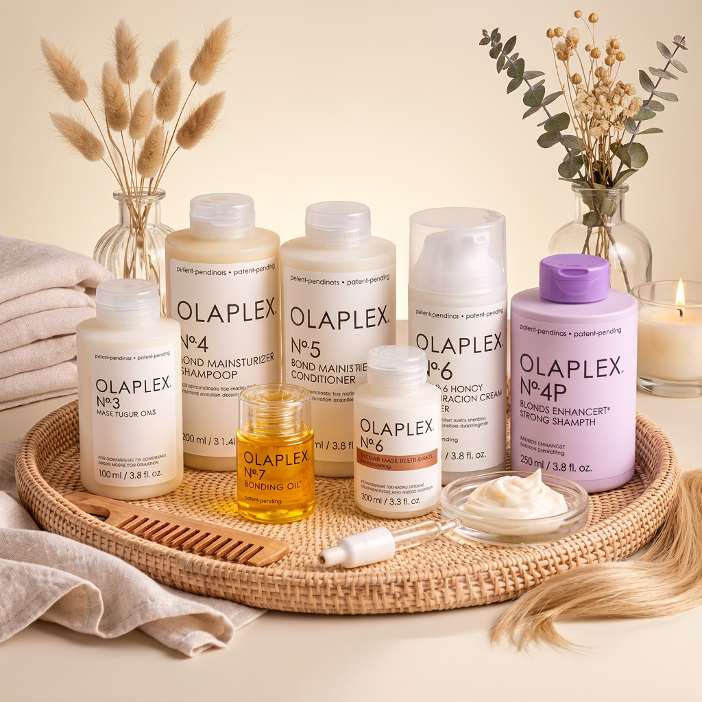 Olaplex No.3, No.4, No.5, No.6 and No.7 bond repair products on a woven tray