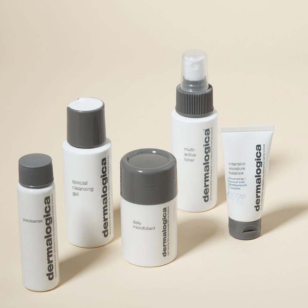 Dermalogica precleanse, cleansing gel, daily microfoliant, toner and moisturiser bottles